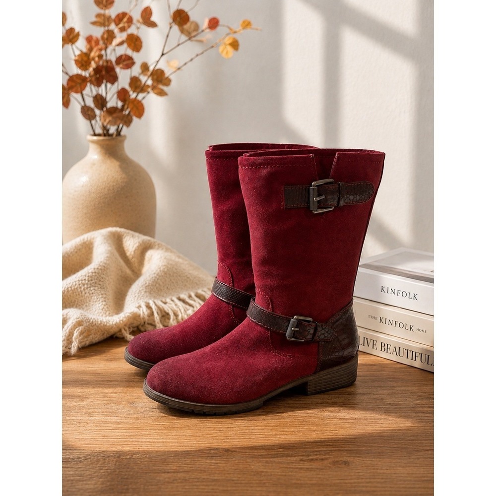 Naturalizer Genna Plum Rouge Suede Mid Calf Buckle Boots Womens 7M Moto Biker